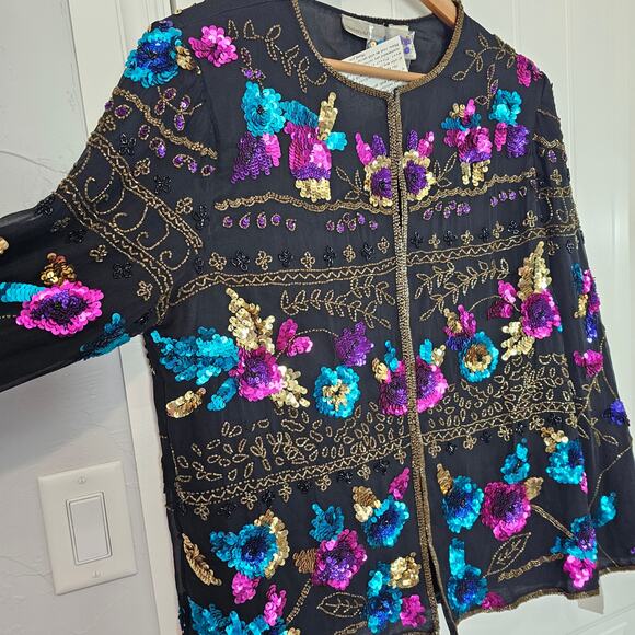Vintage Silk Blazer Womens Sz Large Black Beaded 90s Floral Glam Elegant Evening - Picture 3 of 9